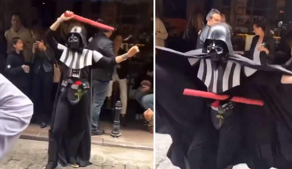 Ünlü oyuncu Darth Vader kostümüyle sokakta göbek attı… Görenler cep telefonuna sarıldı görseli