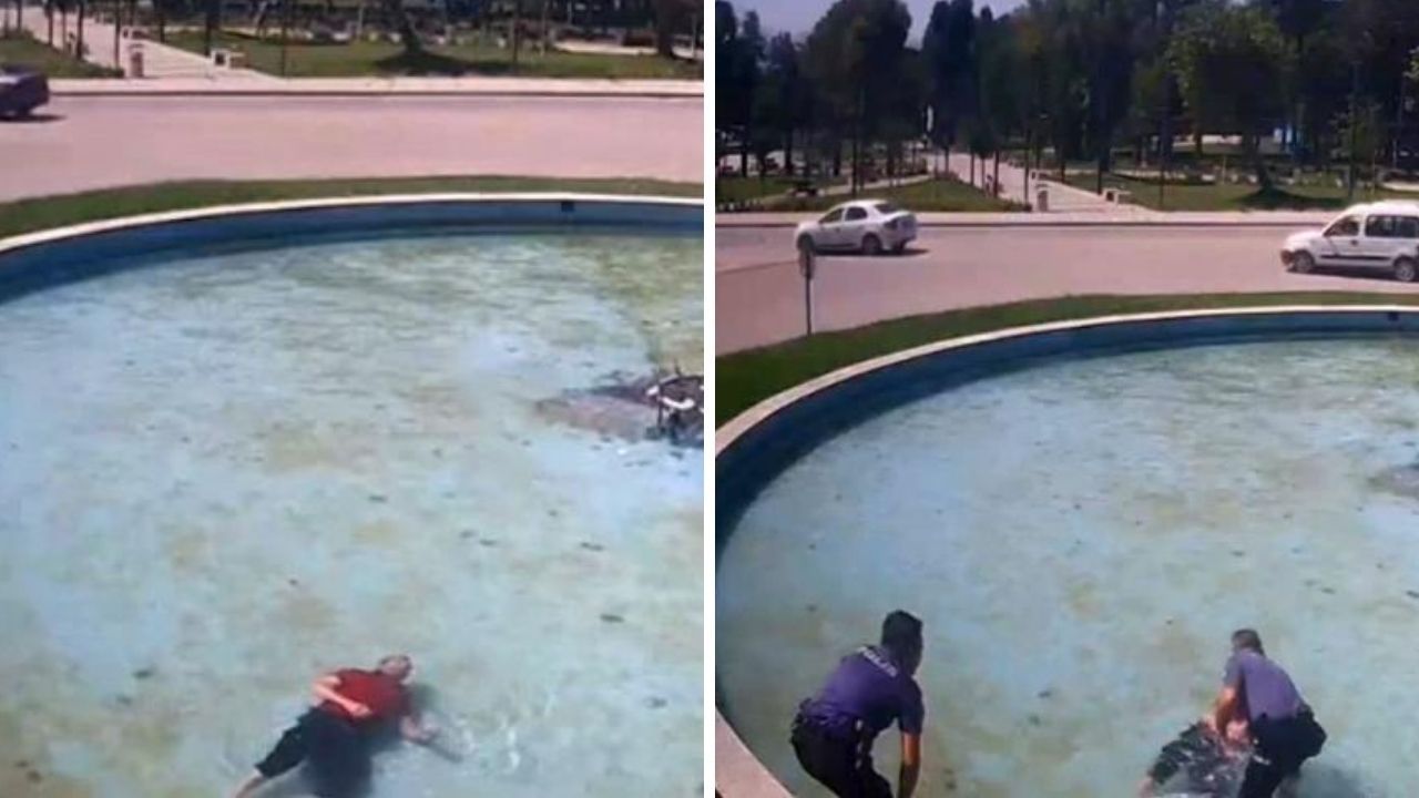 Alkollü şahıs süs havuzuna düştü! Polisler son anda yetişti