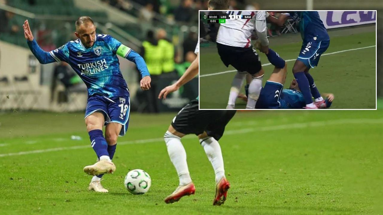 Legia Varşova-Samsunspor maçında ilginç anlar! Zeki Yavru bacaklarından tutularak sürüklendi