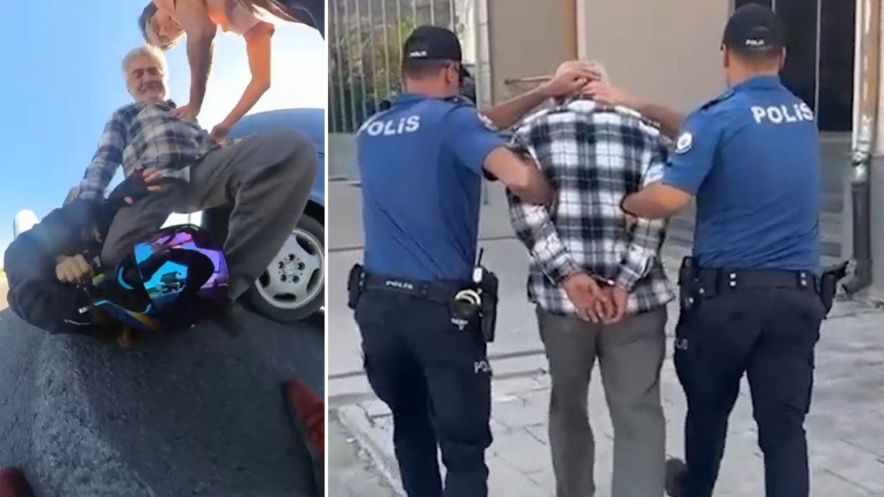 Trafikte dehşet! Dayak yiyen motosikletli kadının intikamı kamerada