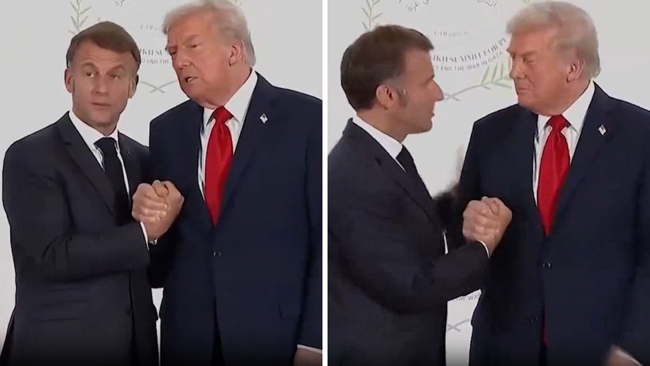 Zirveye damga vuran anlar! Trump ve Macron adeta bilek güreşine tutuştu
