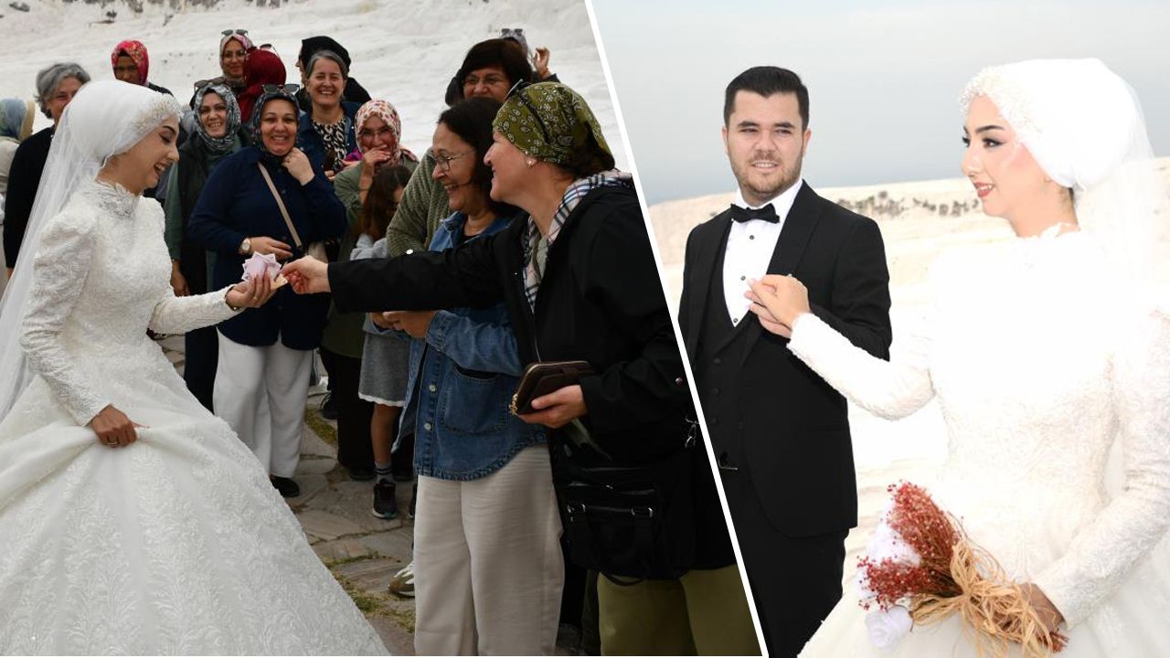 Bir daha gelinlik giymek isteyen eşini kırmadı! Turistler yeni evli sanıp, takı kuyruğu oluşturdu